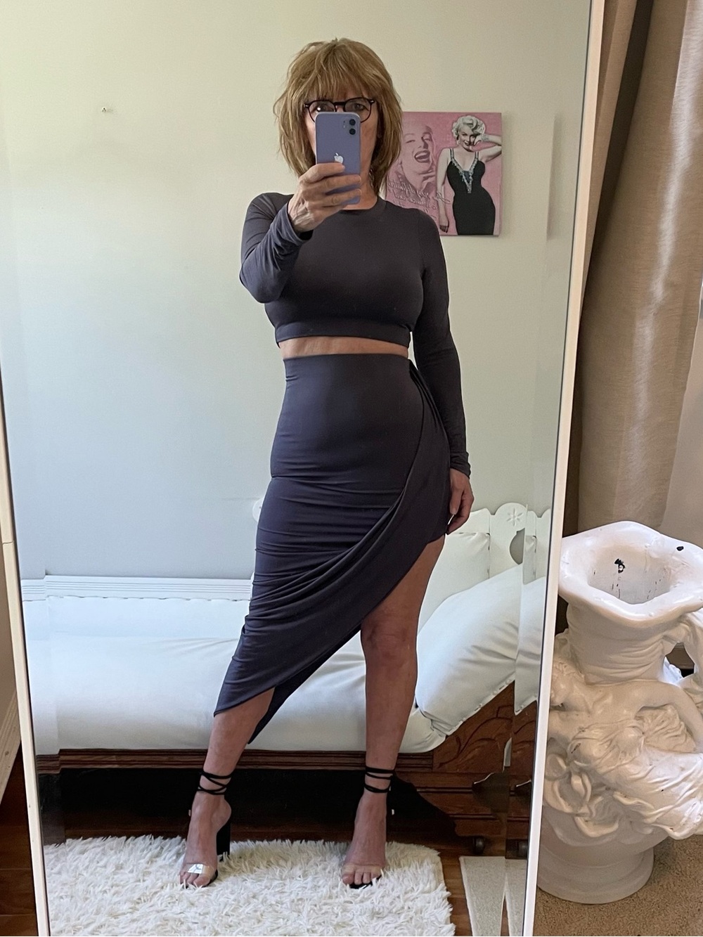 FASHION NOVA TWO PIECE SKIRT SET GREY GRAY FAUX WRAP SKIRT CROP TOP LONG SLEEVE